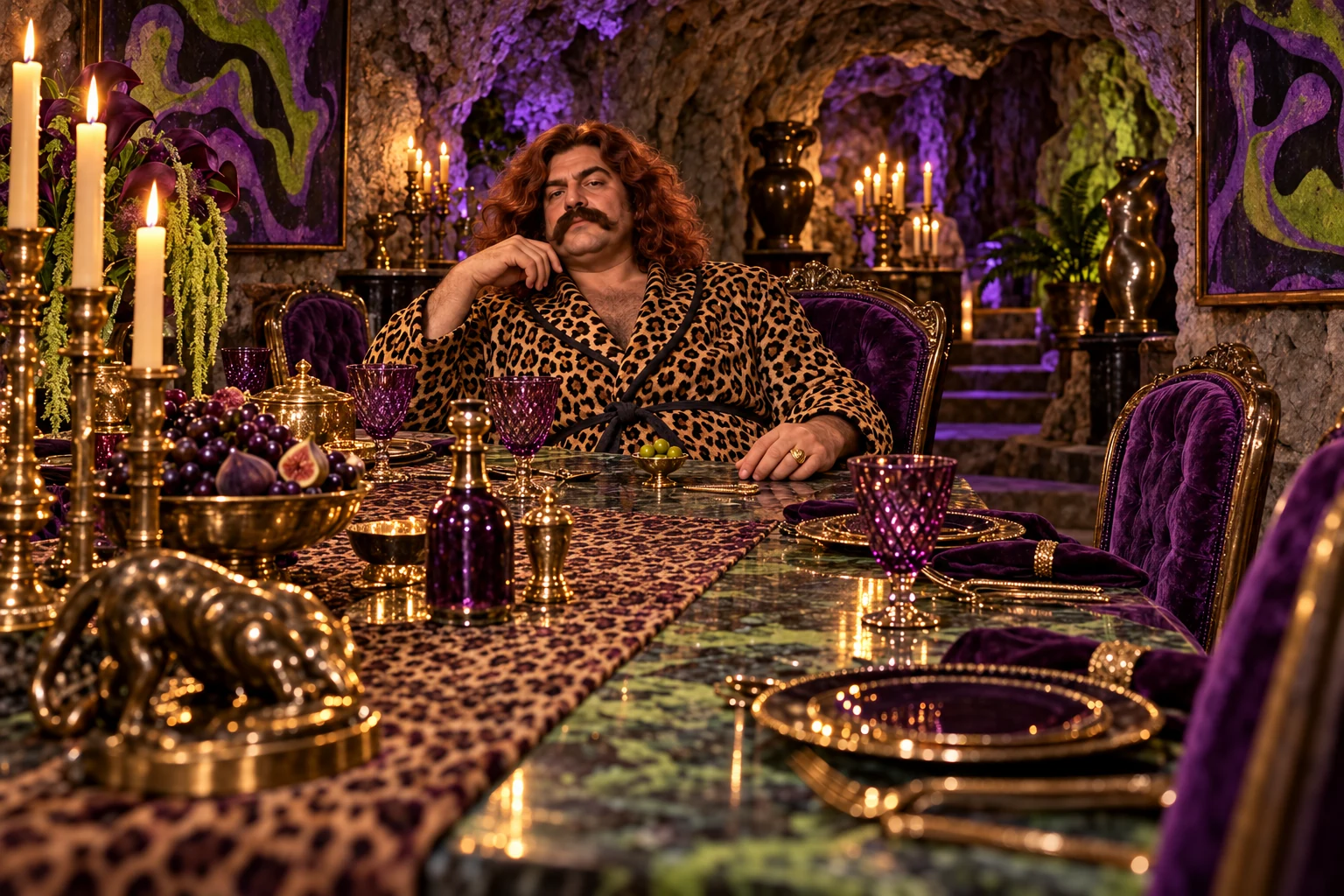 Otto dining alone at an elaborate basement table with empty chairs, a tiny bowl of olives and purple artworks.