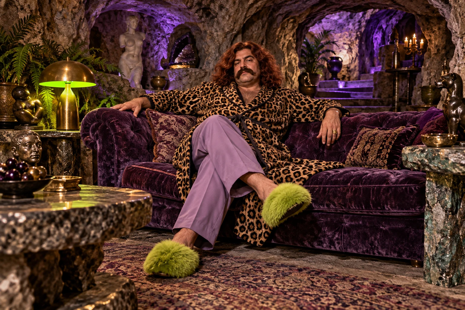 Otto Grotto, a broad man with enormous auburn hair and a heavy moustache, lounging in a leopard robe and lime slippers on a purple sofa in his stone grotto.
