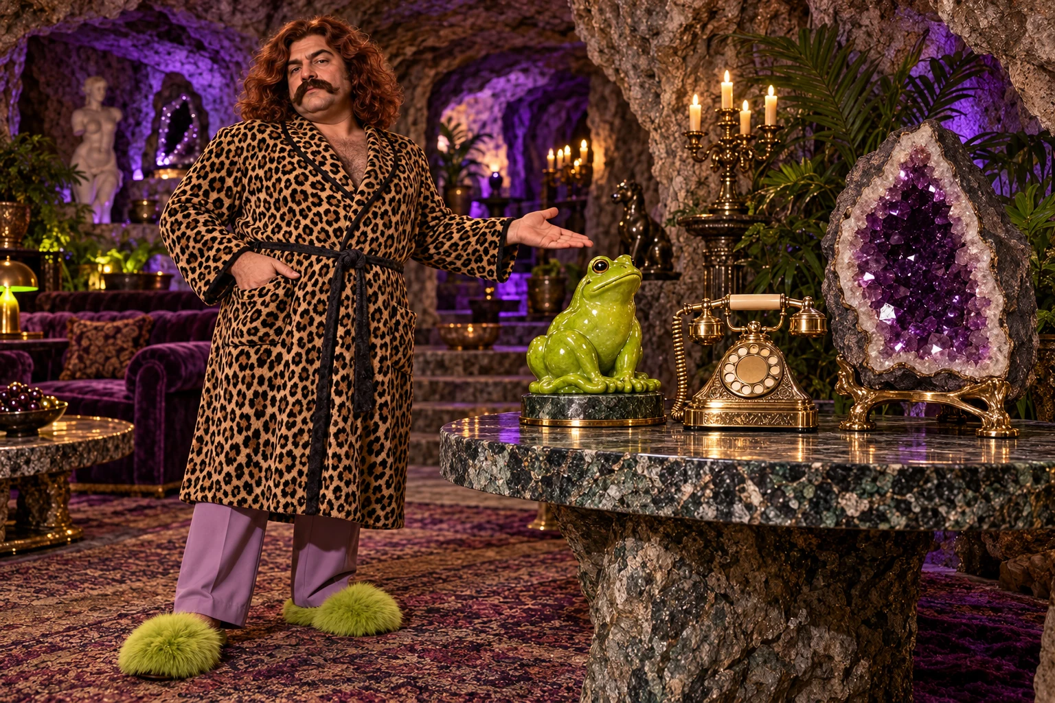 Otto proudly presenting his unlikely collection, including a ceramic frog, rotary telephone and purple geode, in his cave.