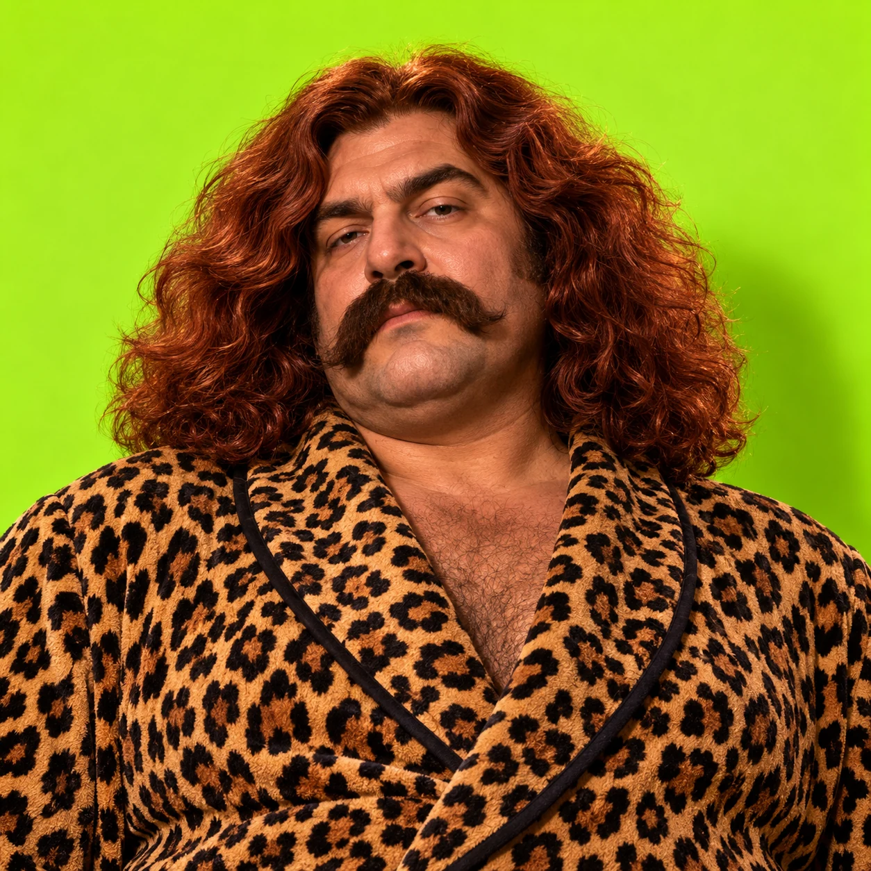 Square token portrait of Otto Grotto with enormous auburn hair, a heavy moustache and a leopard robe on an acid-green background.